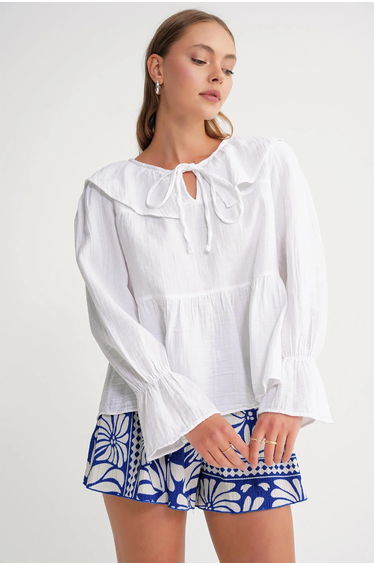 Mixray Frilly Shawl Collar Blouse with Tie Closure