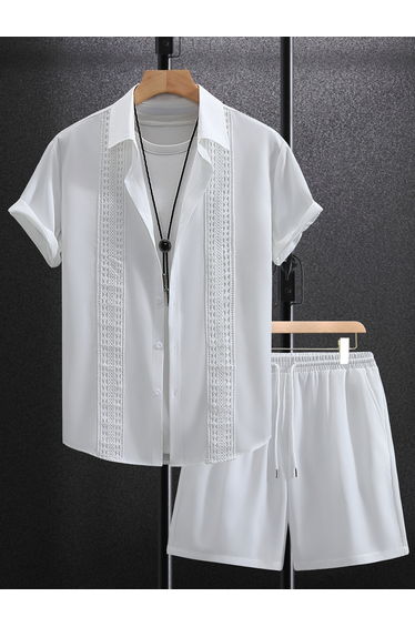Men White Lace Detail Short Sleeveshirt and Shorts Co-Ords