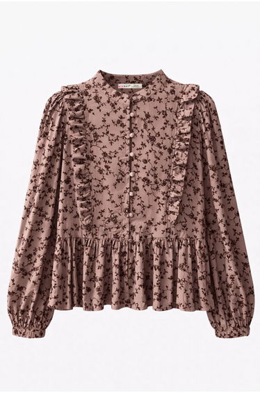 MIXRAY Frilly Floral Blouse with Mandarin Collar