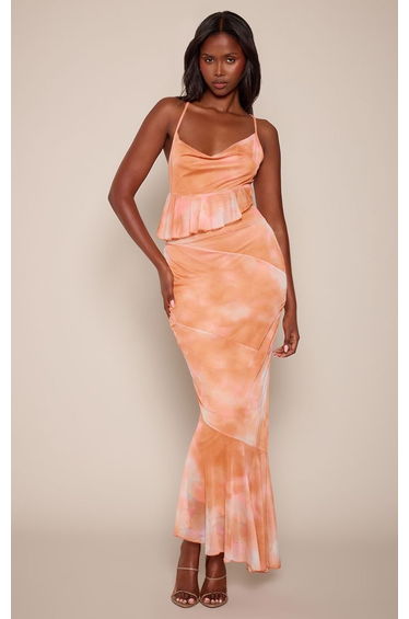 Orange Tie Dye Print Mesh Frill Cowl Back Maxi Dress