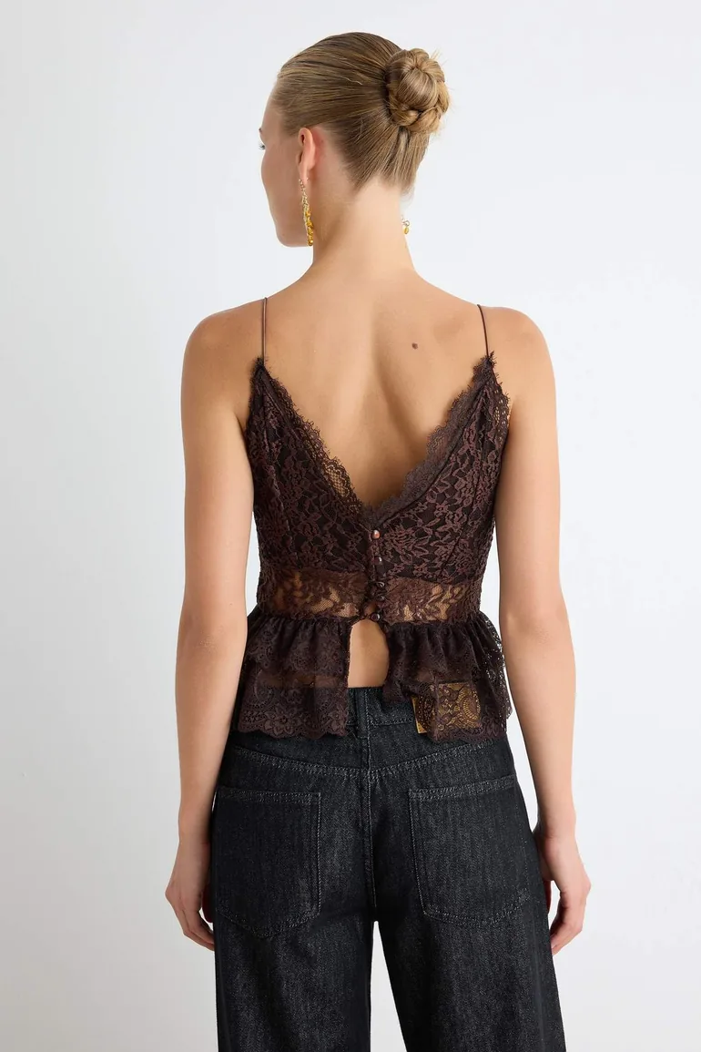Brown V-Neck Transparent Detailed Lace Blouse - 5