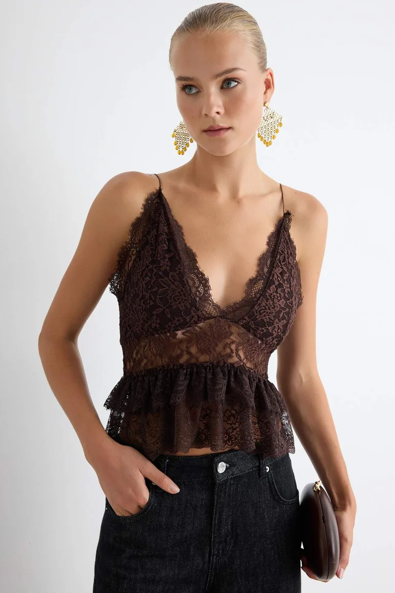 Brown V-Neck Transparent Detailed Lace Blouse