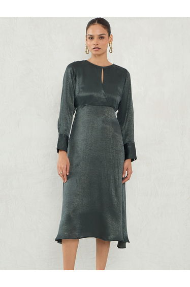 Solid Keyhole Neck Satin A-Line Midi Dress