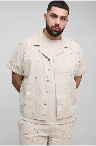 Plus Nibbled Denim Boxy Oversized Revere Shirt