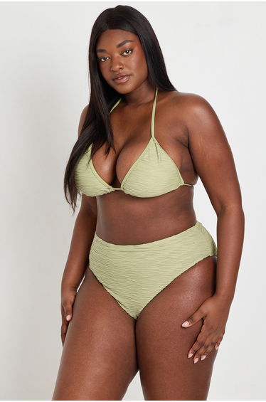 Plus Textured Triangle & High Waist Bikini Set - olive