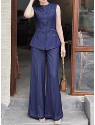 Loose Sleeveless Buttoned Pockets Solid Color Round-Neck Vest Top