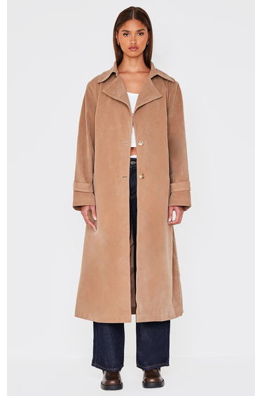 Tan Faux Suede Buckle Belt Trench Coat