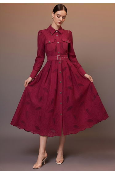 Floral Leaf Cutwork Embroidered Belted Shirt Dress in Red