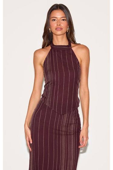 Dark Brown Embroidered Stripe Halterneck Top