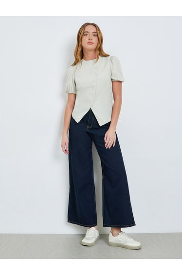 Green Puff Sleeve Button-Front Top