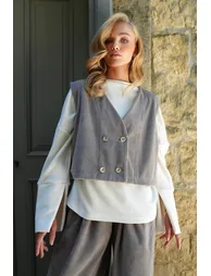 Women's Gray Double-Breasted Collar Metal Buttoned Velvet Vest - 3