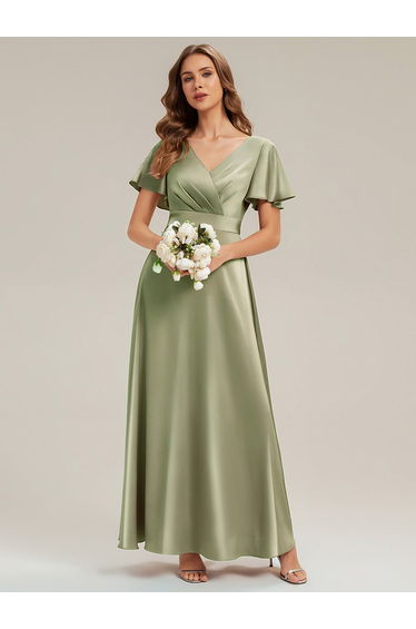 Gathered Satin Ruffle Sleeve Bridesmaid Dress