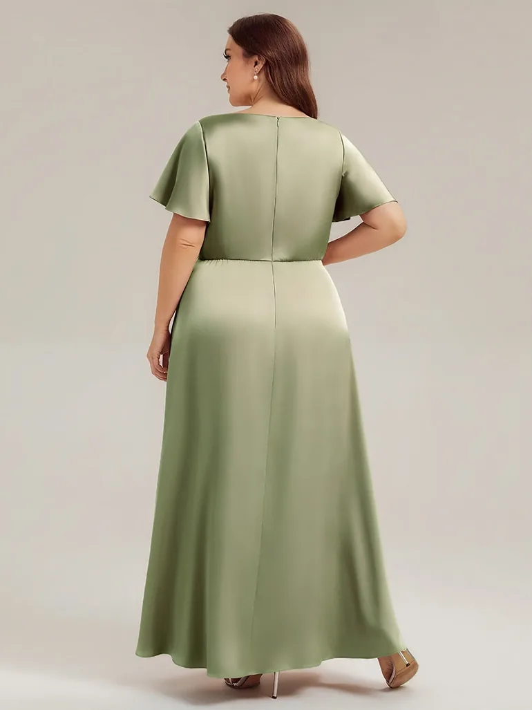 Gathered Satin Ruffle Sleeve Bridesmaid Dress - 6