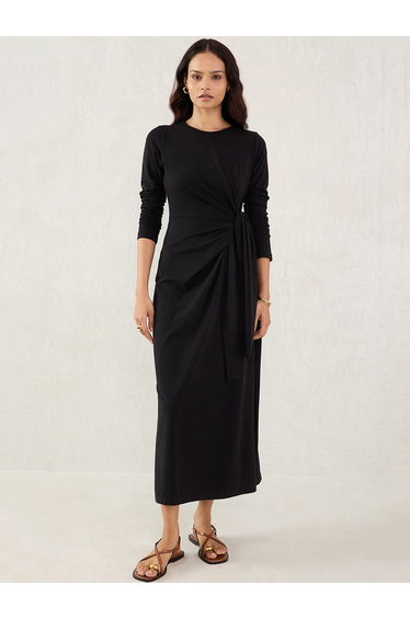 Black Solid Knit Sheath Maxi Dress with Knot Detail