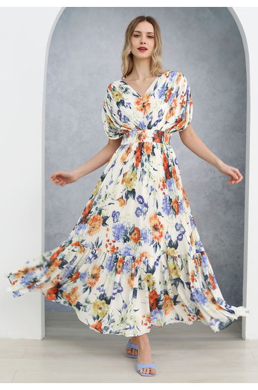 Vernal Blossom Pleated Maxi Dress