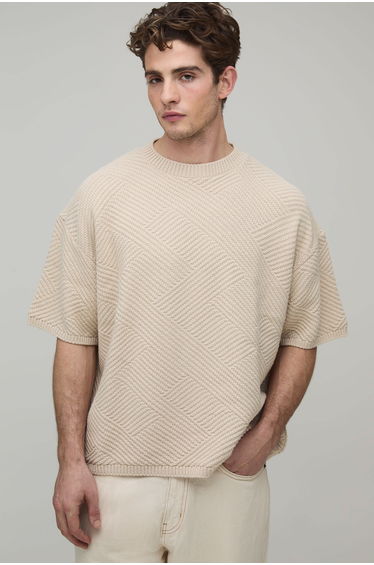Oversized Geo Stitch Knitted T-Shirt - stone