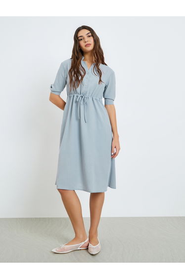 Grey Drawstring Waist Casual Midi Dress