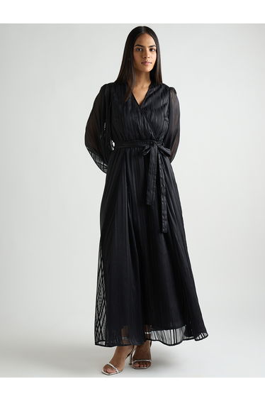 Women Black Balloon Sleeve Wrap Maxi Dress
