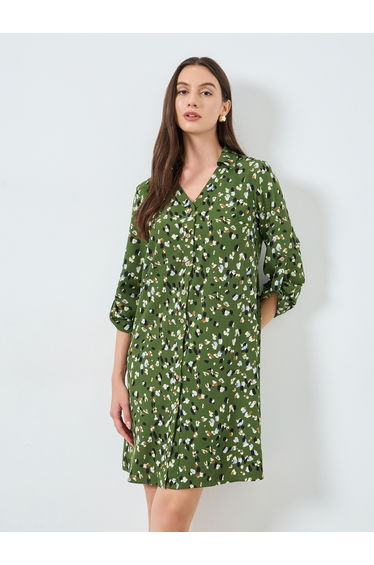 Khaki Graphic Print Knee-Length Shirt Dress