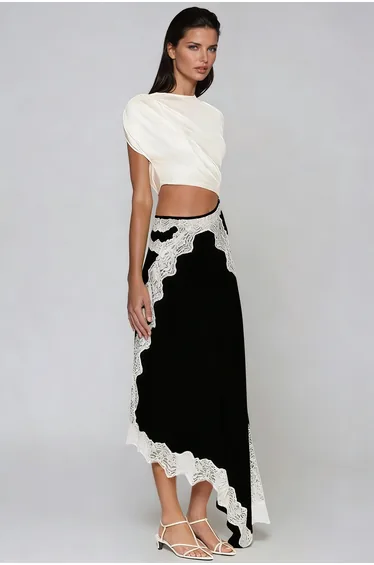 Bess Asymmetric Lace Satin Maxi Dress In Black