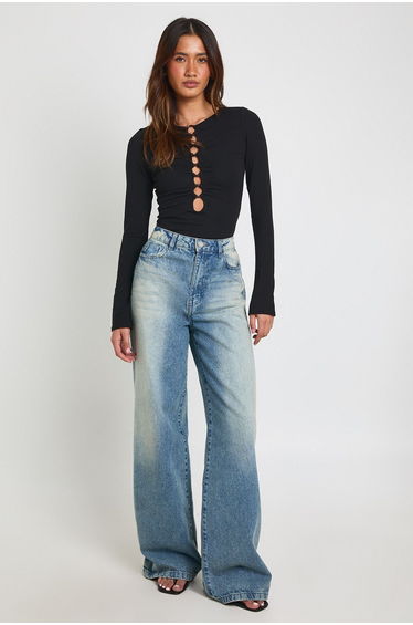 Keyhole Detailed Long Sleeve Top With Ring Trims - black