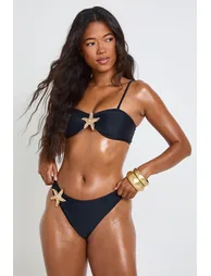 Gold Starfish Trim Bandeau Bikini Top And Bikini Bottom - black - 1