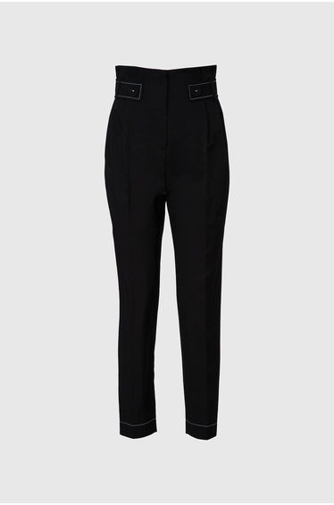 Contrast Stitch Detail High Waist Carrot Cut Black Trousers