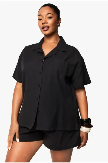 Plus Linen Look Short Sleeve Shirt And Elasticated Waist Short Co-Ord