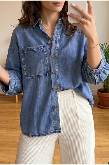 Lvness Dusk Blue Three Quarter Sleeve Button Front Loose Denim Shirt