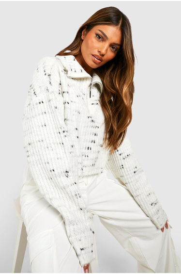 Soft Knit Nep Yarn Half Zip Collar Jumper - ecru