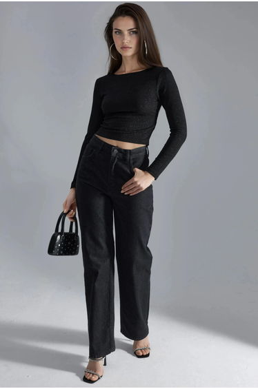 BUSEM Shiny Boat Neck Cropped Blouse