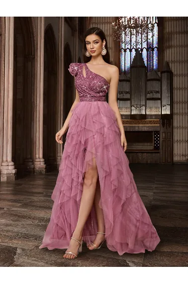 فستان QOQ زهري طول الأرض على شكل حرف A بكتف واحد