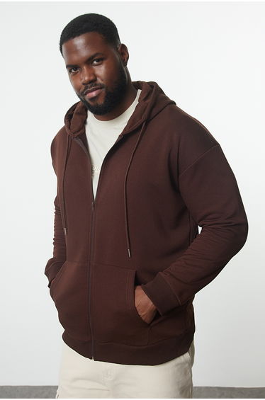 Brown Plus Size Oversize Basic Hooded Zippered Inside Fleece Cotton