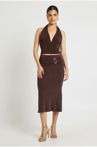Acetate Slinky Trim Detail Midi Skirt - chocolate
