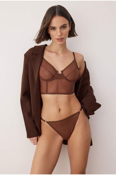 Brown Tulle Plain Capless Underwear Set