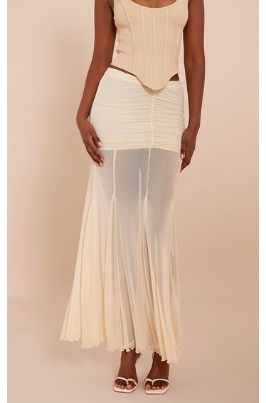 Cream Mesh Overlay Maxi Skirt
