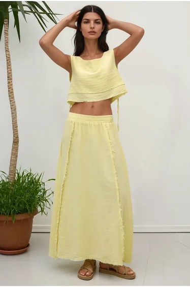 Elastic Waist Skirt-Side Tie Detail Blouse Muslin Set