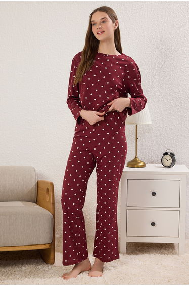 Claret Red 100% Cotton Polka Dot and Heart Knitted Pajama Set