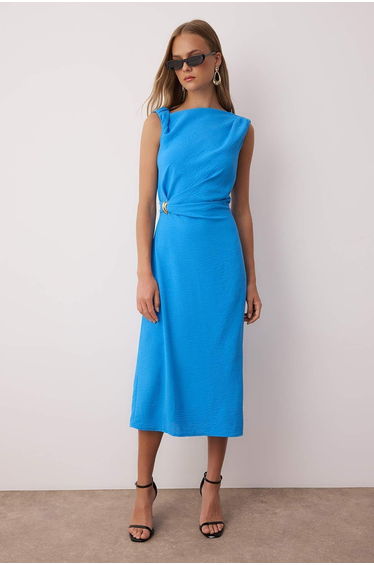 Blue Accessory Detailed Midi Woven Dress
