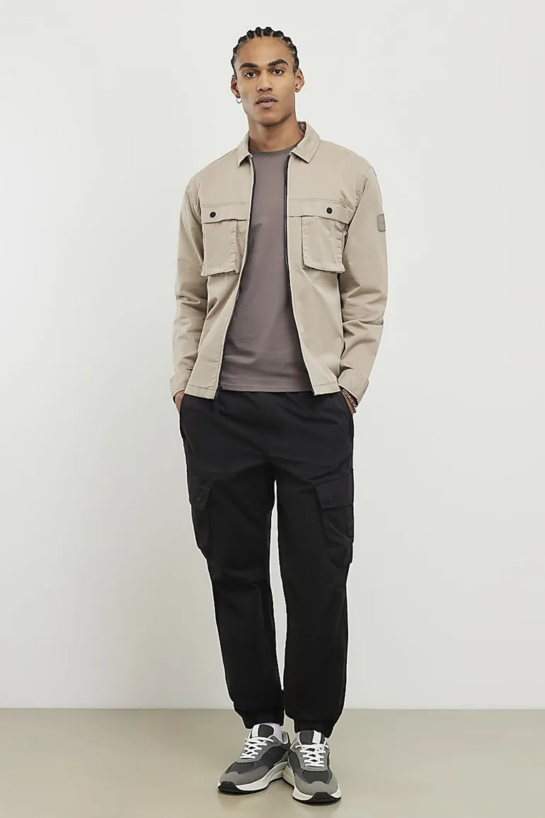 Beige Regular Fit Zipped Overshirt