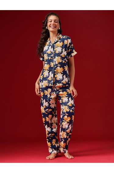 Floral Print Button Down Shirt and Pyjama Set