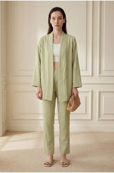 MY FASHION Striped Two-Piece Co-Ord Set with Open Collar