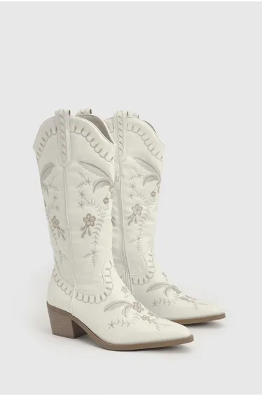 Embroidered Detail Calf High Western Boots - white