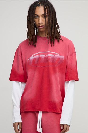 Oversized Washed Faux Layer Printed T-Shirt - red