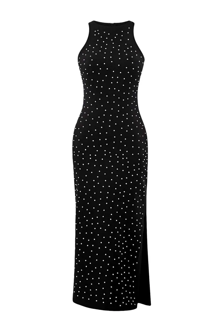 Black Fitted Shiny Jewelled Elegant Evening Dress - 5