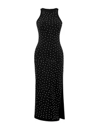 Black Fitted Shiny Jewelled Elegant Evening Dress - 5