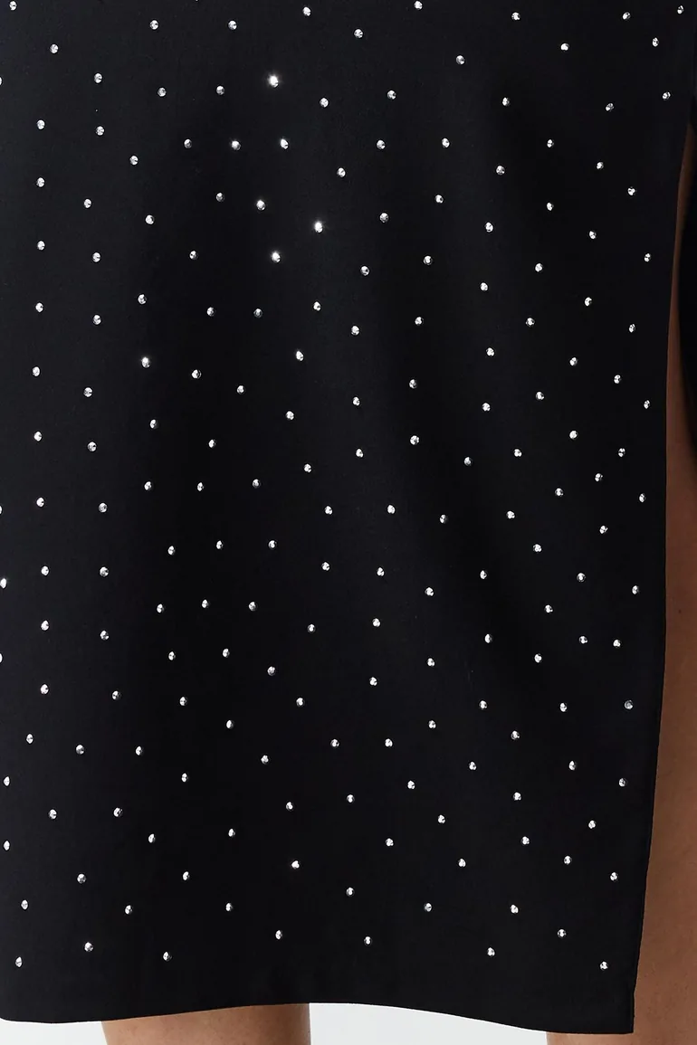 Black Fitted Shiny Jewelled Elegant Evening Dress - 3