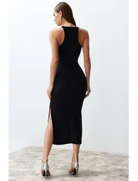 Black Fitted Shiny Jewelled Elegant Evening Dress - 4
