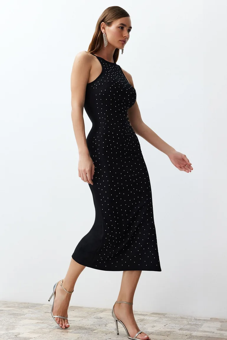 Black Fitted Shiny Jewelled Elegant Evening Dress - 1