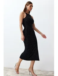 Black Fitted Shiny Jewelled Elegant Evening Dress - 1